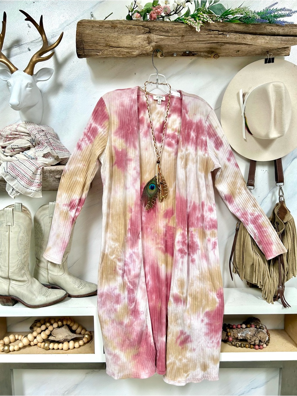 Umgee Pink and Tan Tie-Dye Long Ribbed Cardigan hippy festival southwestern vibe